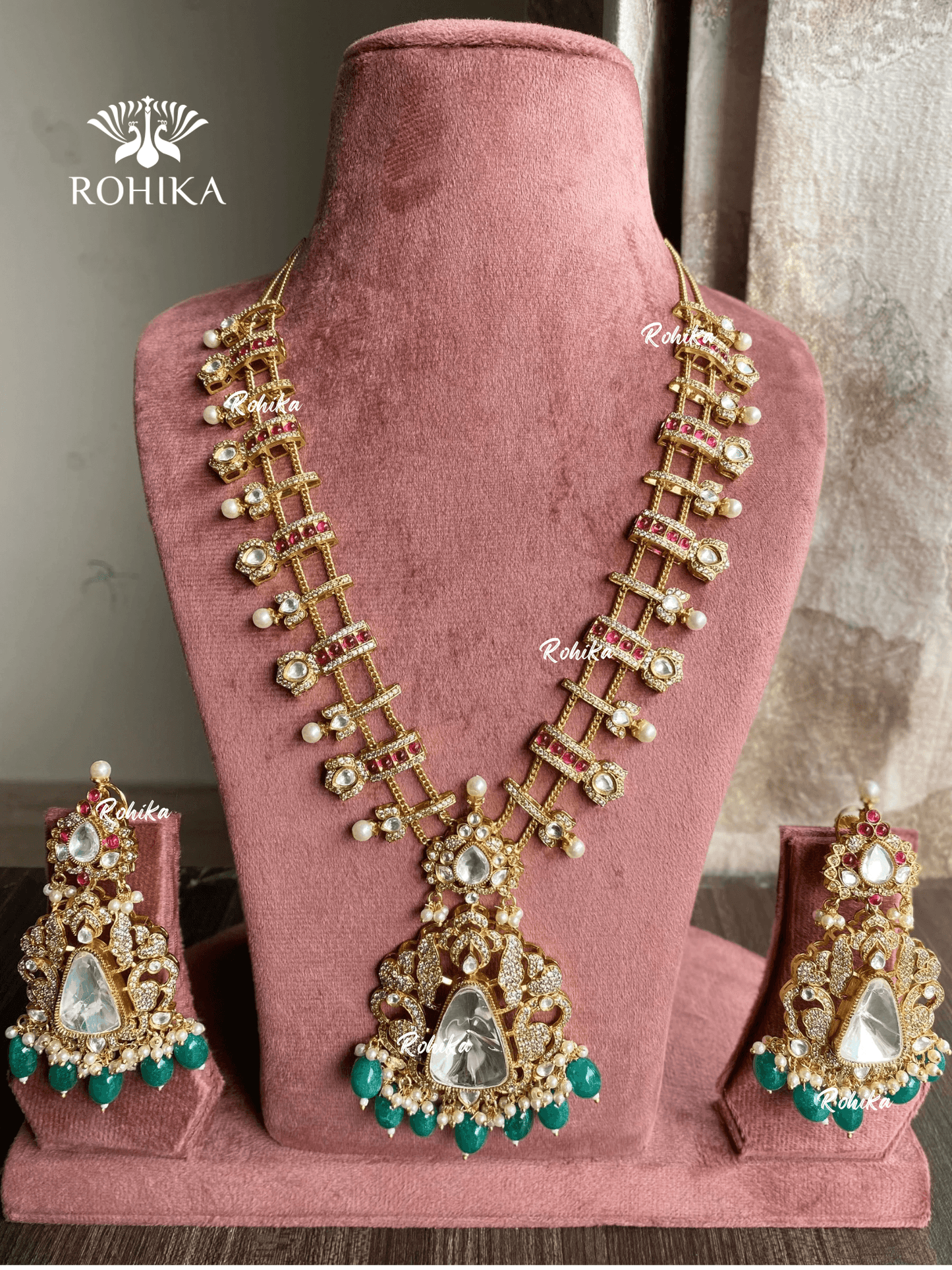 Myna polki kundan long necklace set - Green - Rohika Store