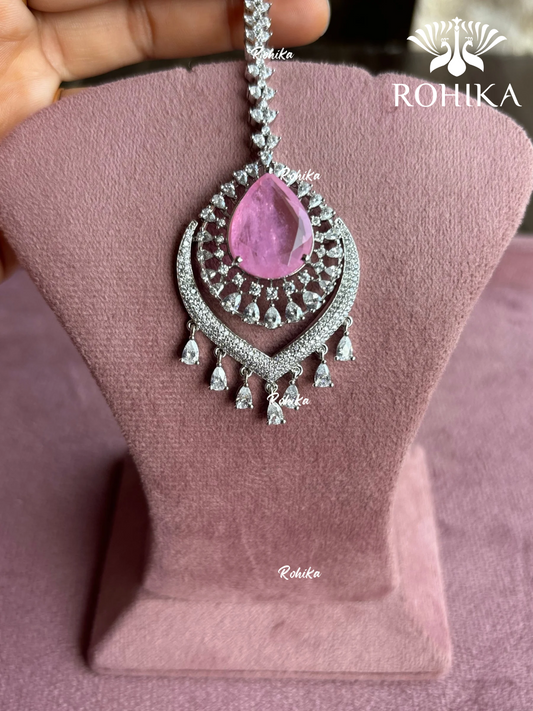 American Diamond Maangtikka (ADM - 002)  - Pink - Rohika store