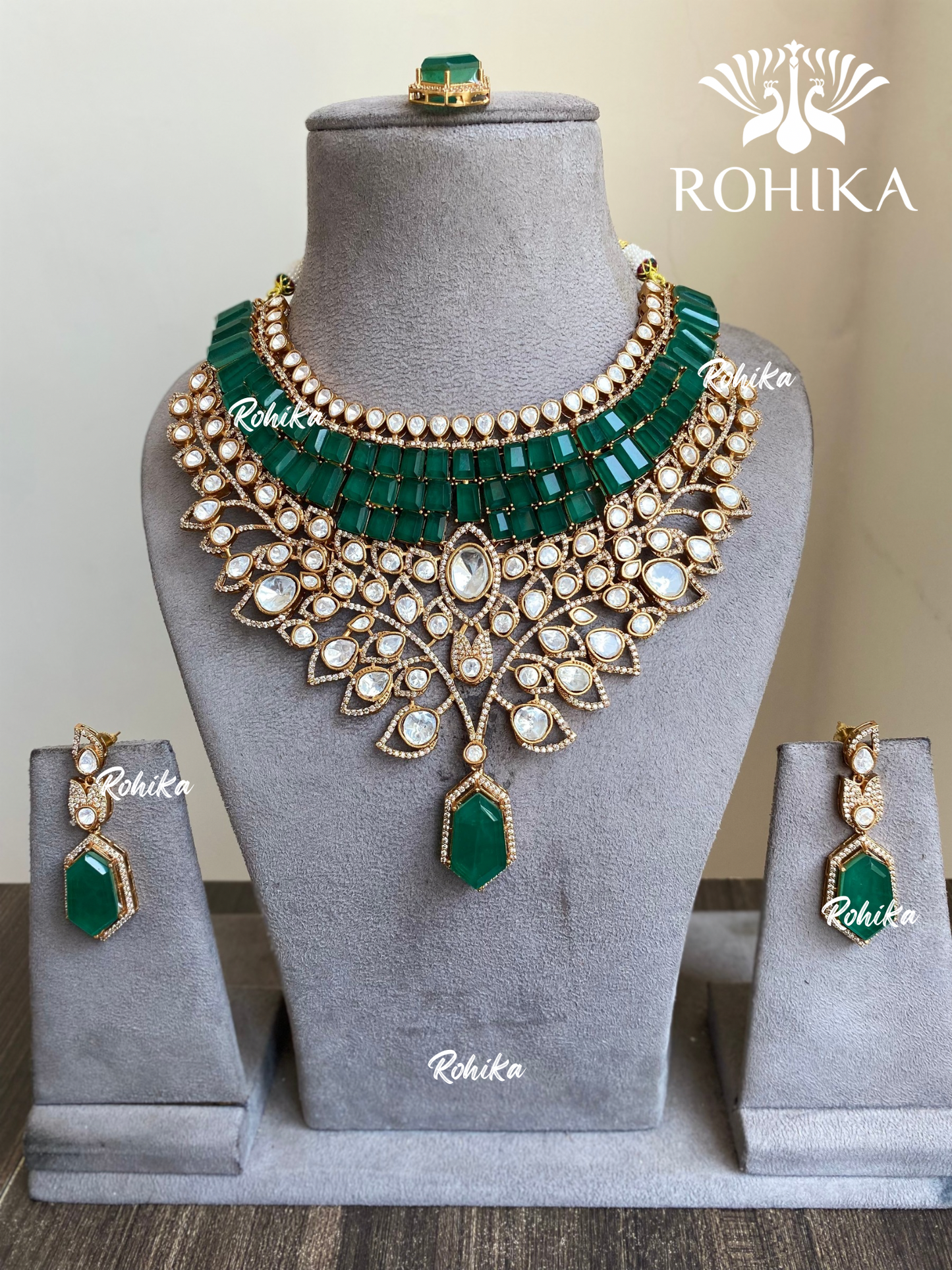 Katrina moisanite polki kundan necklace set - Dark green