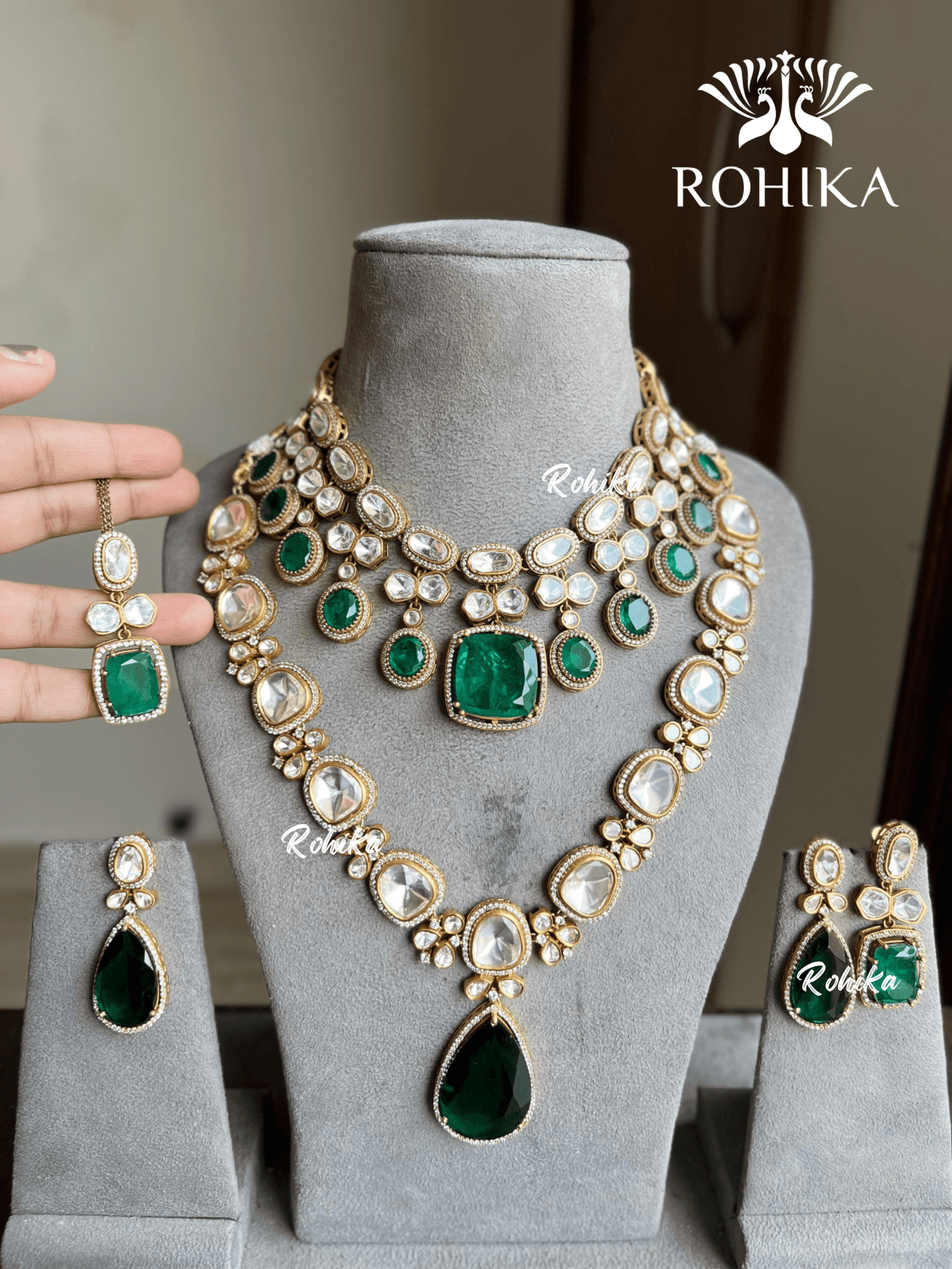 Amra doublet polki kundan combo set - Dark Green - Rohika Store