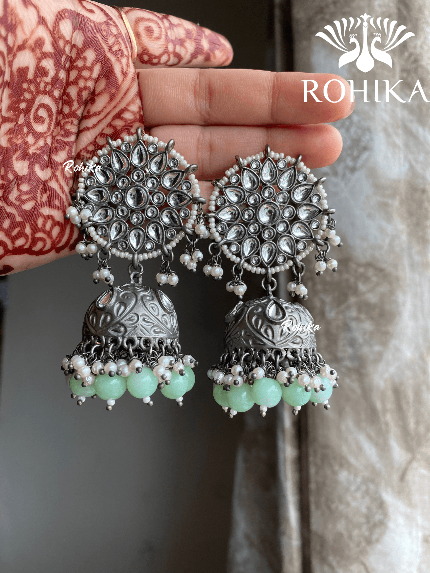 Shyamli oxidized jhumka earrings (002) - Mint green - Rohika Store