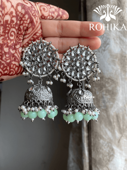 Shyamli oxidized jhumka earrings (002) - Mint green - Rohika Store