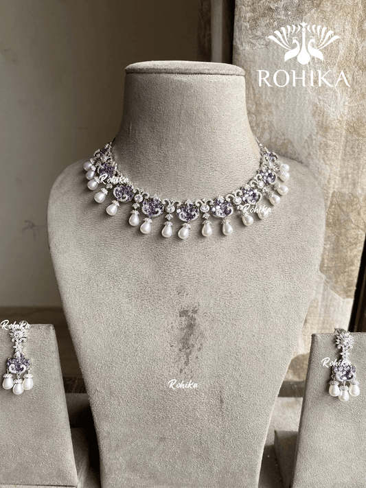 Rachel american diamond necklace set - Purple - Rohika Store