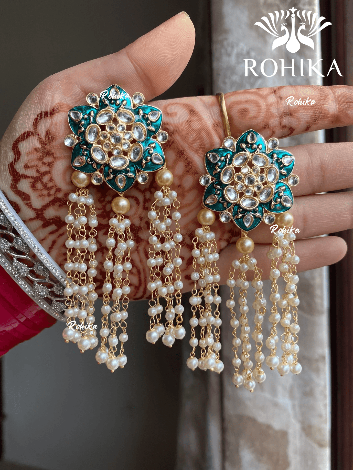 Monika kundan earrings - Dark green - Rohika Store