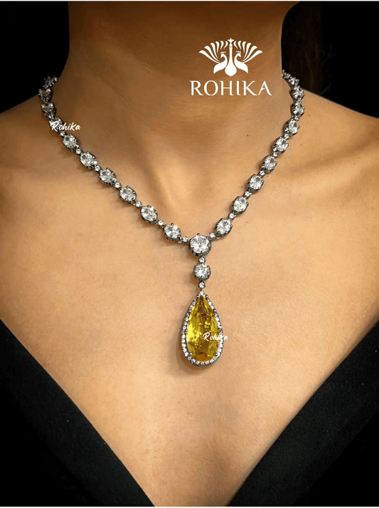 Emily american diamond necklace set - Yellow - Rohika Store