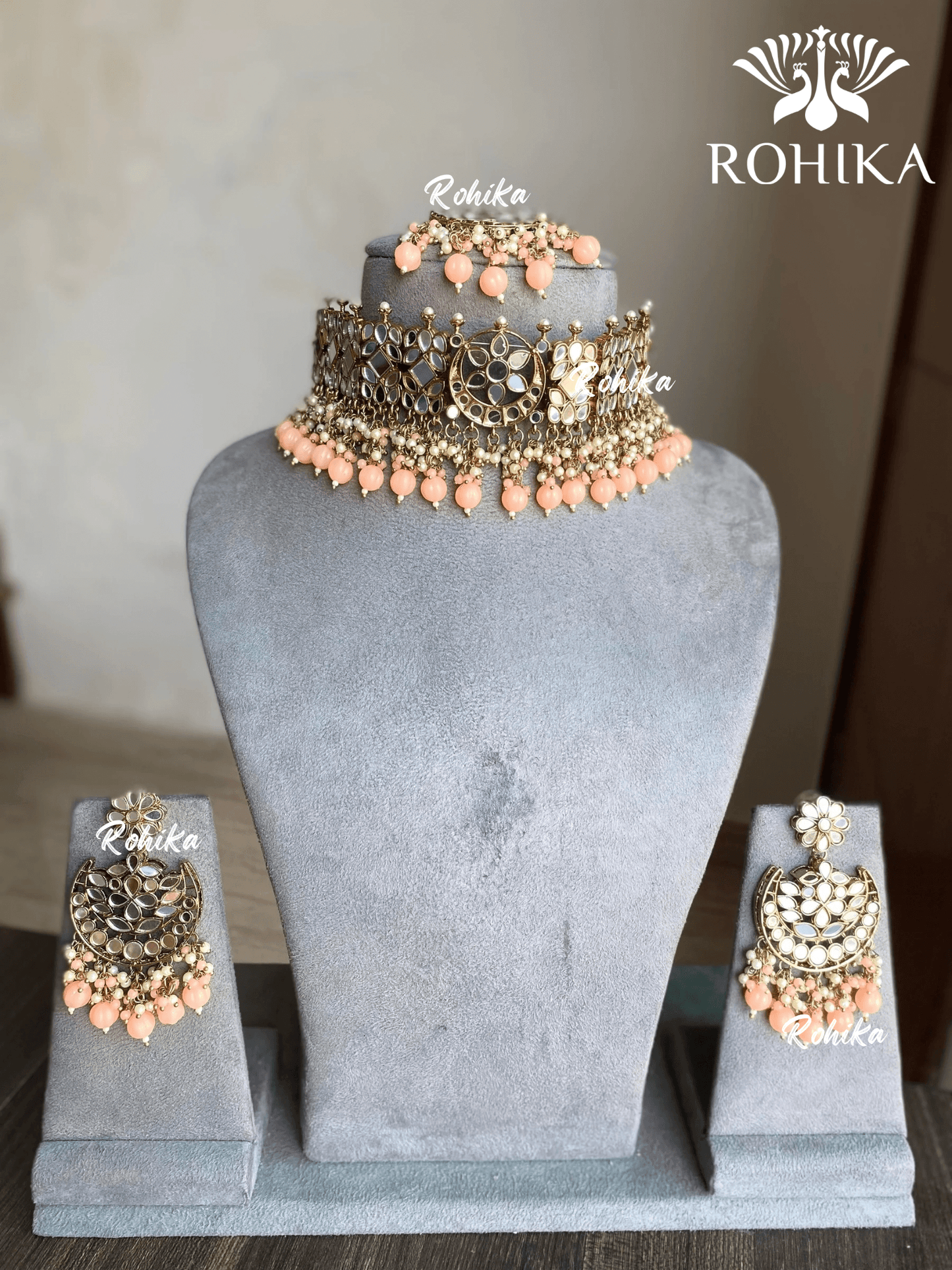 Seeram mirror choker set - Peach - Rohika Store
