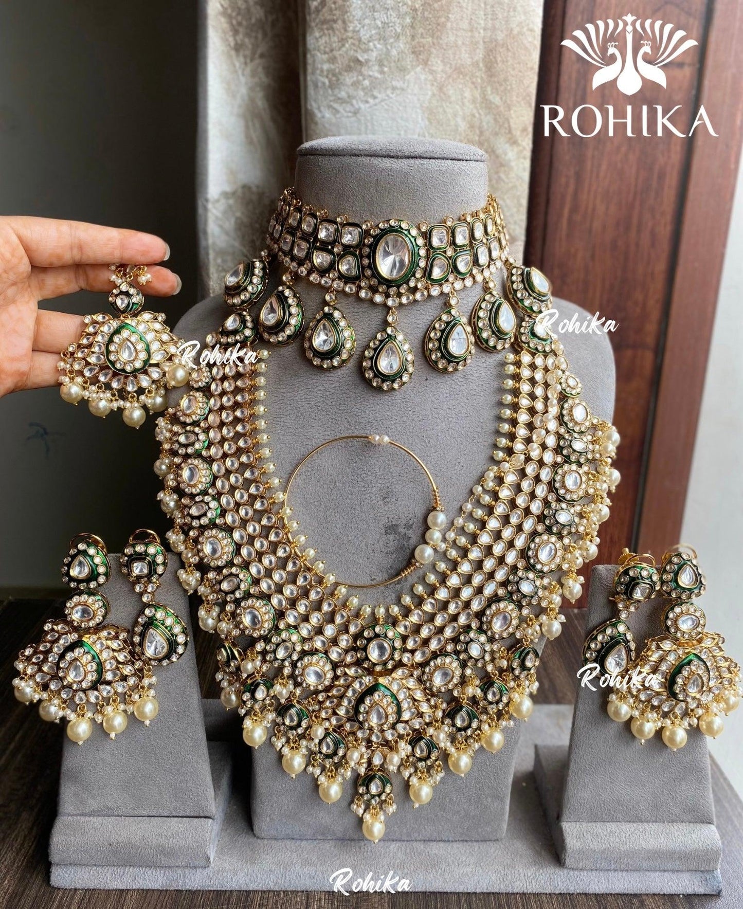 Vayu bikaneri polki kundan bridal combo set - Dark Green - Rohika Store