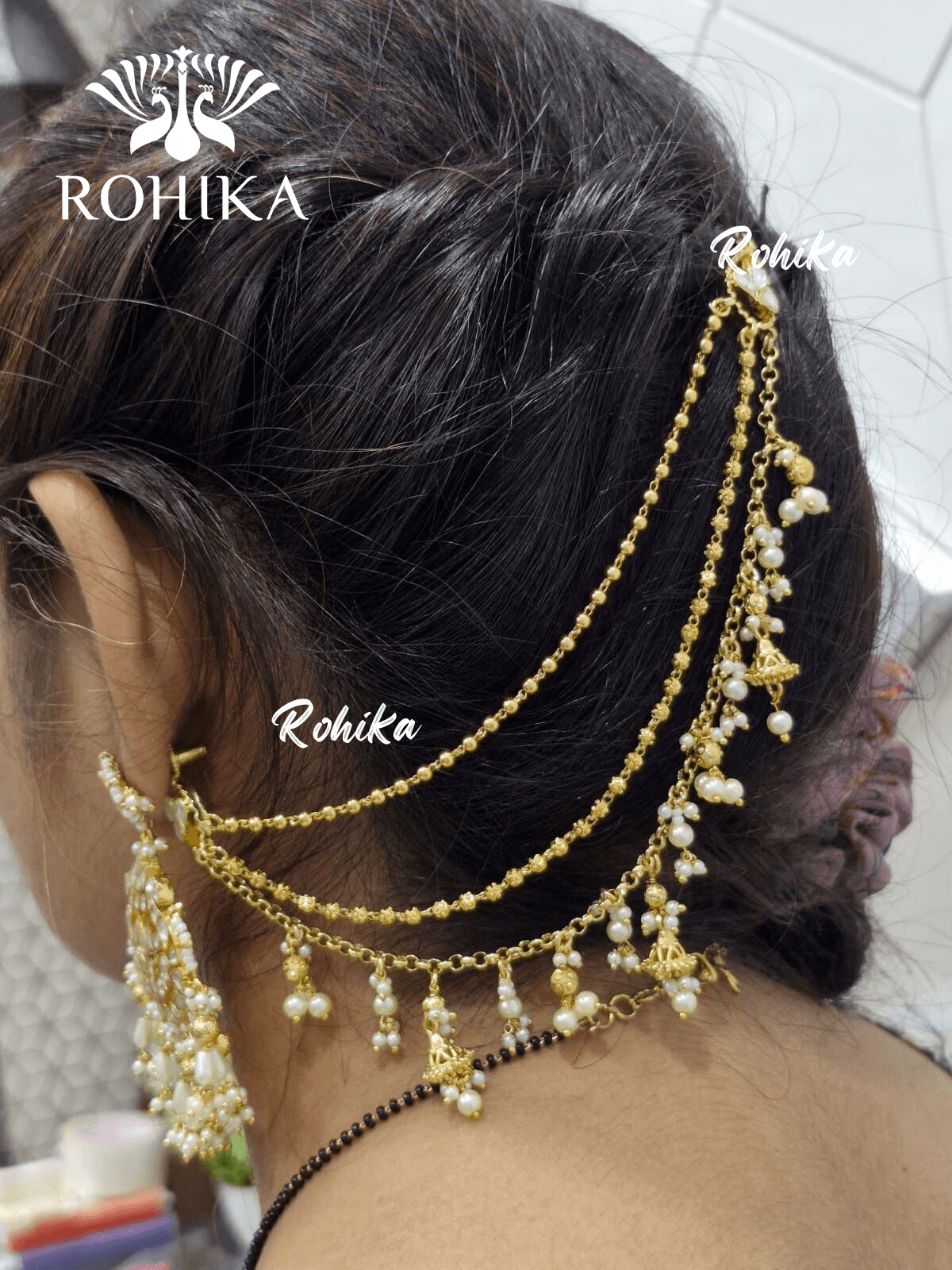 Pachhi kundan earchains - White - Rohika Store