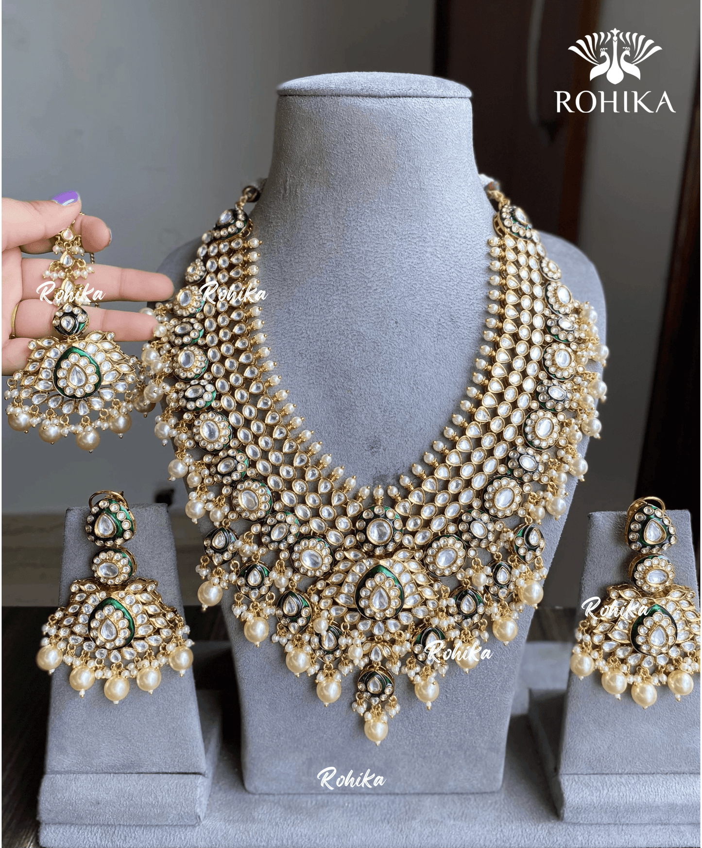 Aangan bikaneri polki kundan long necklace set - Dark Green - Rohika Store