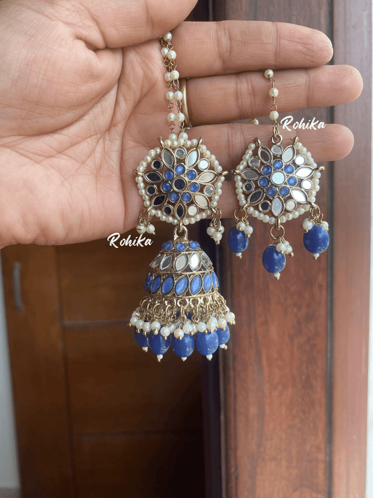 Chamki mirror jhumka earrings tikka combo - Dark Blue - Rohika Store
