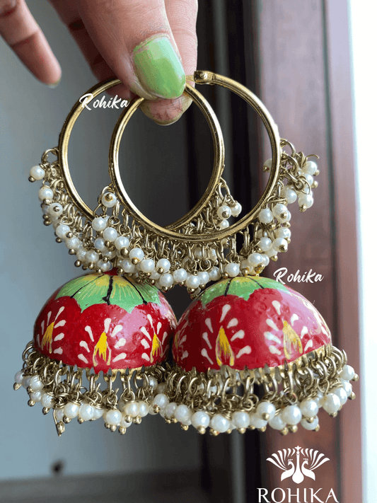 Muskan jhumka bali earrings - Red - Rohika Store