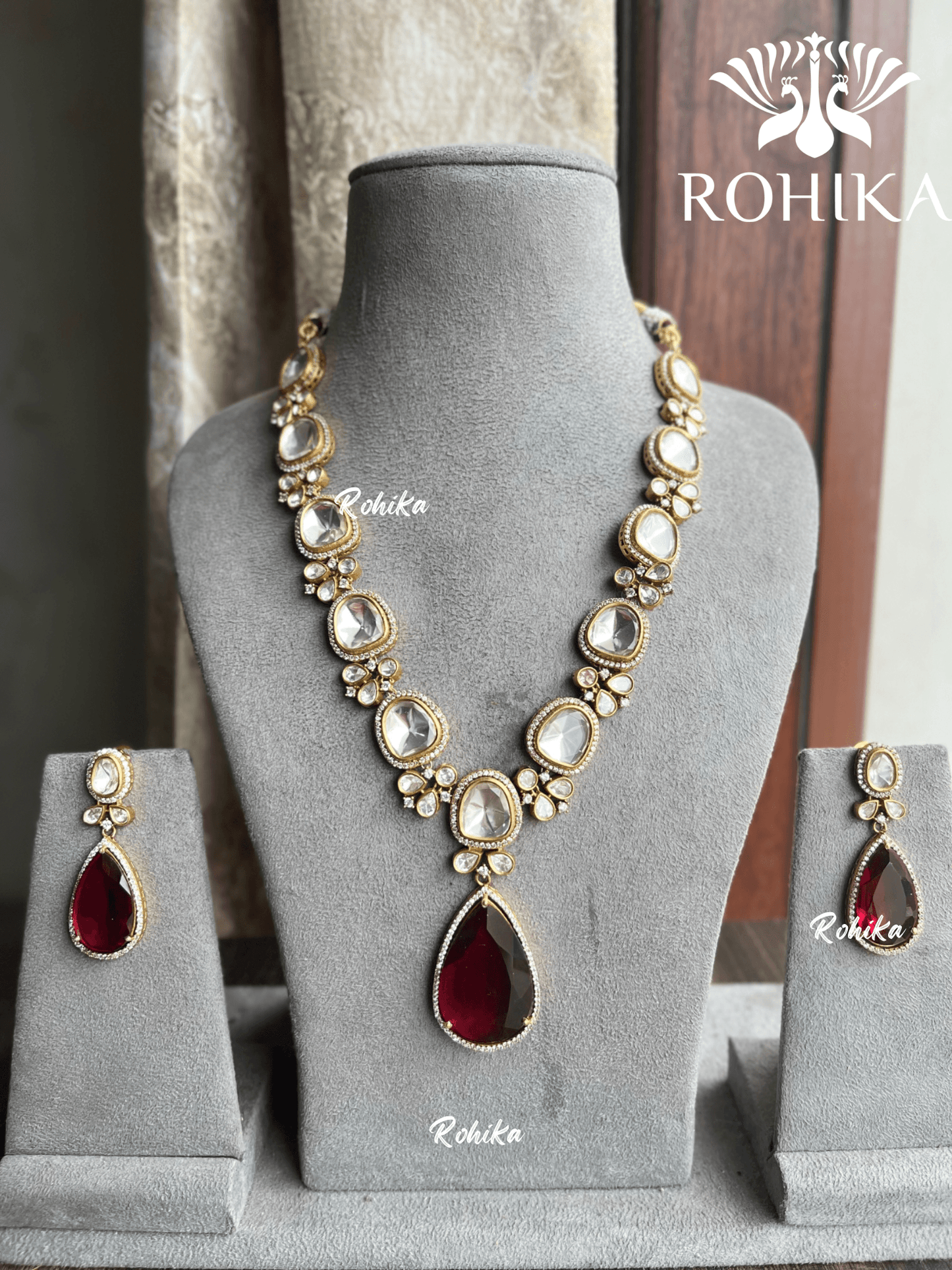 Raksha polki kundan necklace set - Red - Rohika Store