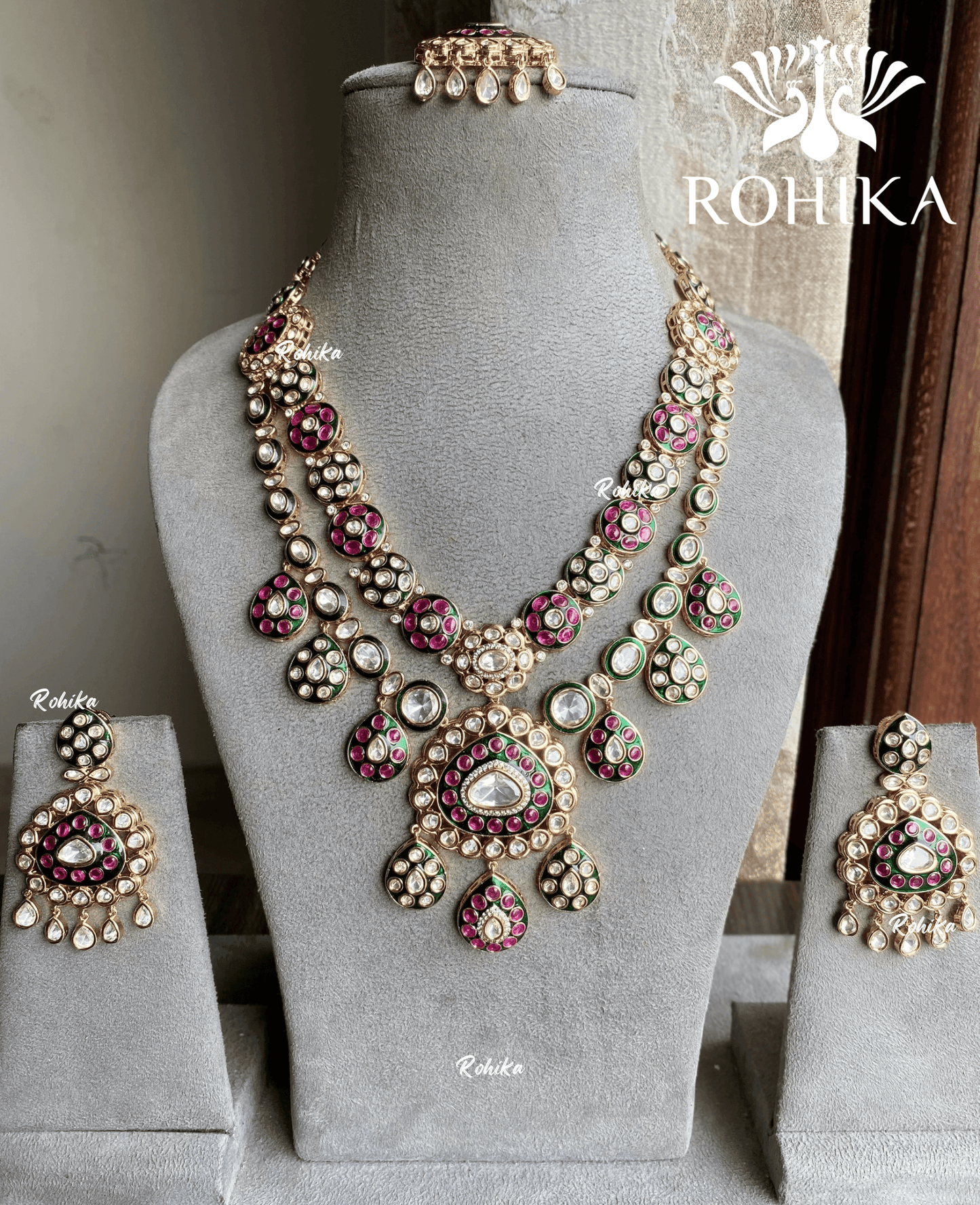 Tapasya Moisanite Polki Necklace Set - Green and Pink - Rohika Store