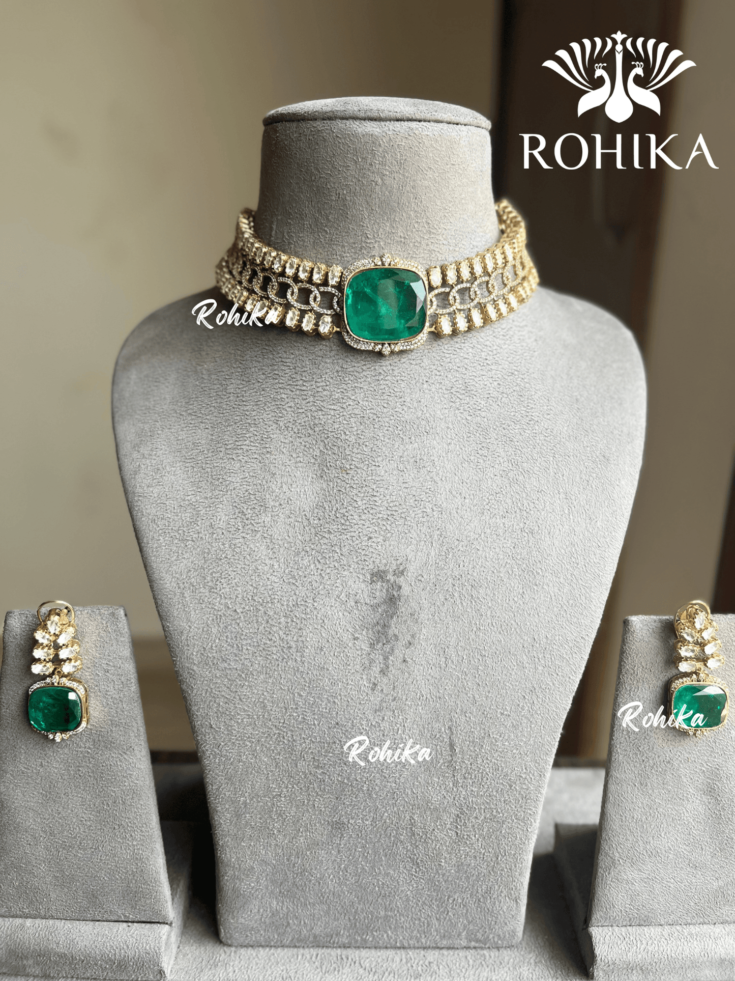 Siva doublet necklace set (Gold polish) - Green - Rohika Store