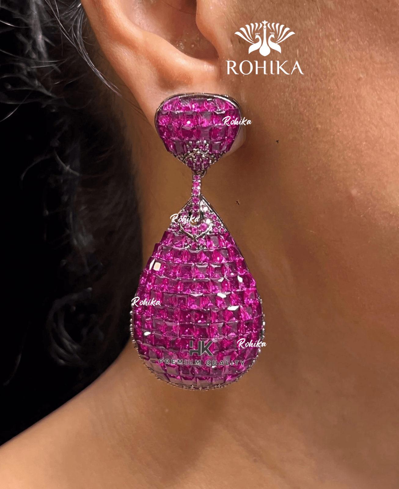 American diamond earrings (ADE -001) - Dark pink - Rohika Store