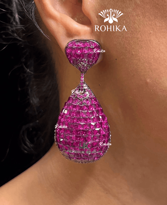 American diamond earrings (ADE -001) - Dark pink - Rohika Store