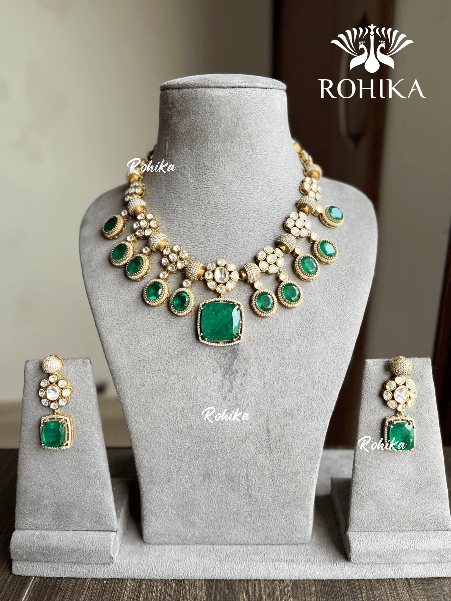 Ananya doublet kundan necklace set - Dark Green - Rohika Store