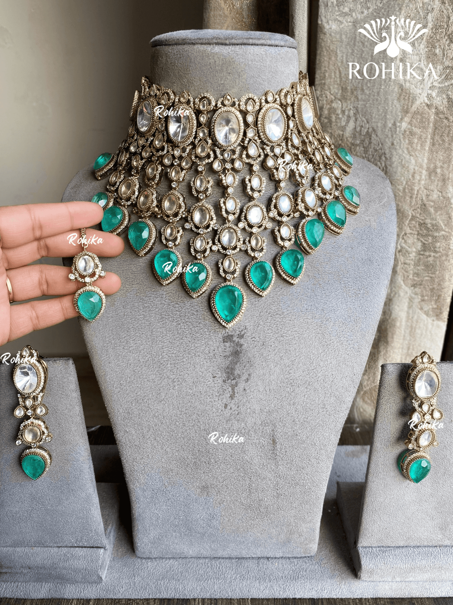 Sharan moisanite doublet bridal necklace set - Mint Green - Rohika Store