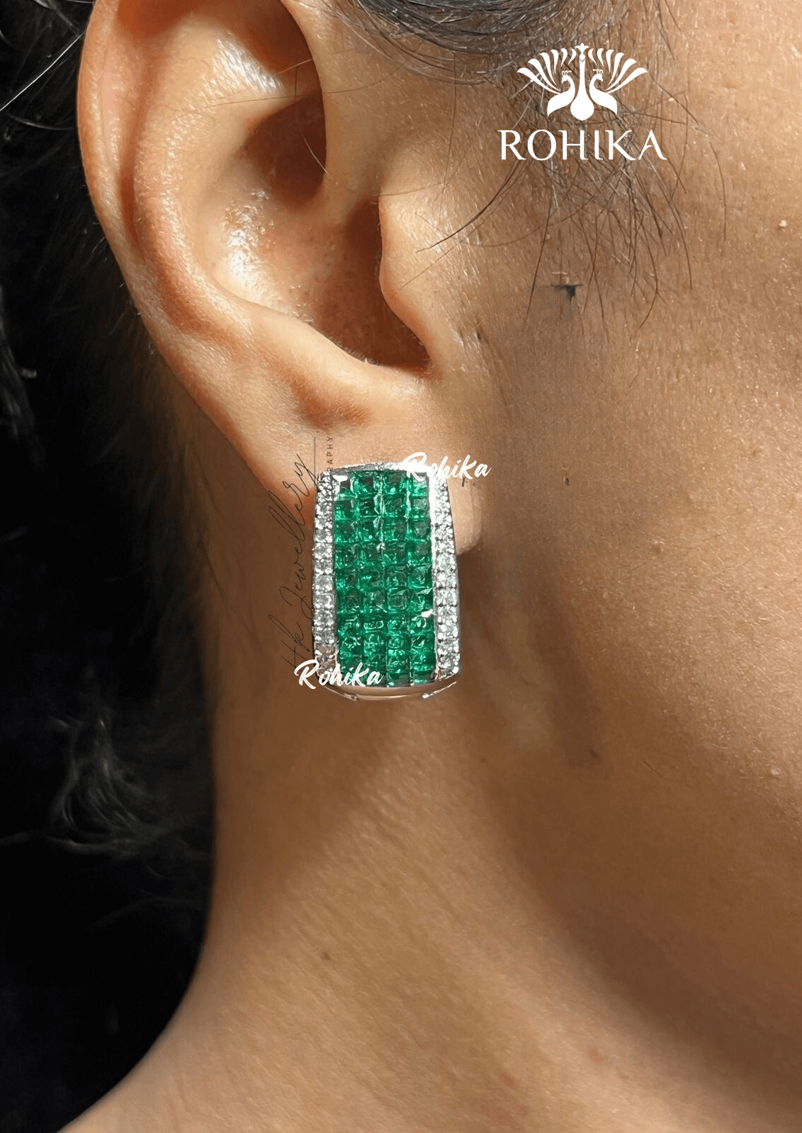 Elise american diamond earring set - Green - Rohika Store