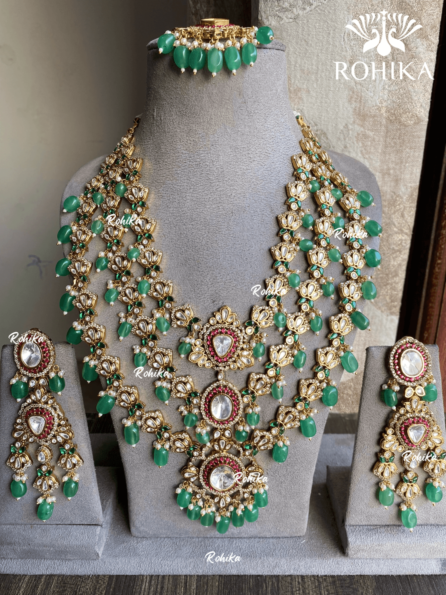 Pranali polki kundan long necklace set - Mint Green - Rohika Store