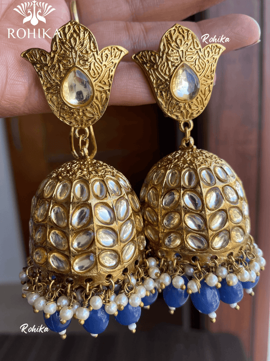 Siya kundan jhumkas- Dark blue - Rohika Store