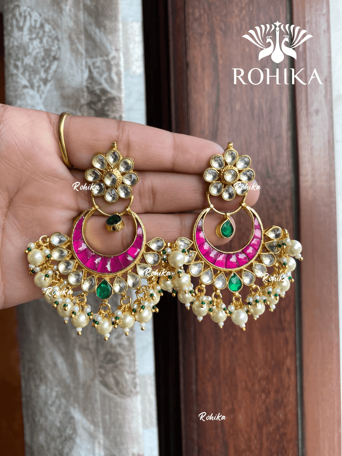 Parini pachhi kundan earrings (PKJ019) - Pink & green - Rohika Store