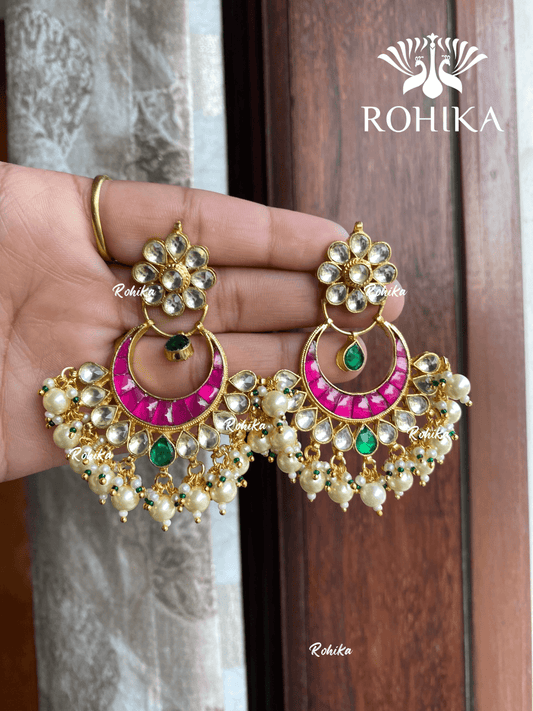 Parini pachhi kundan earrings (PKJ019) - Pink & green - Rohika Store