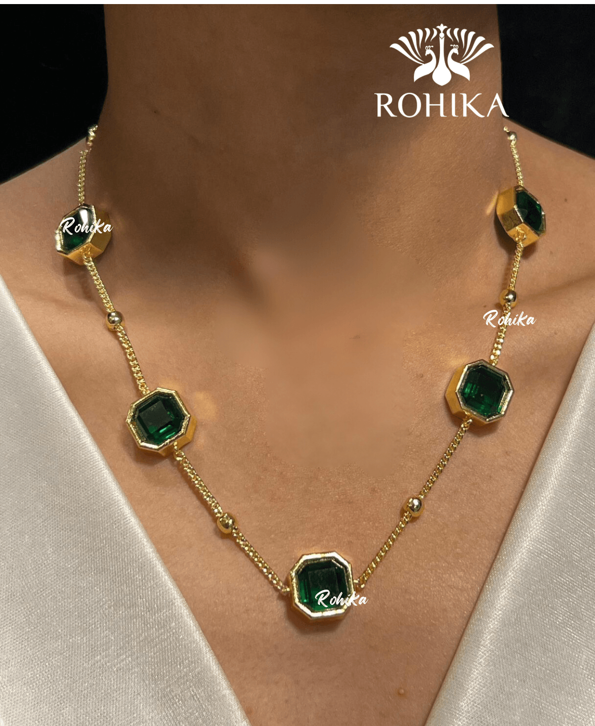 Vera american diamond necklace set - Dark green - Rohika Store