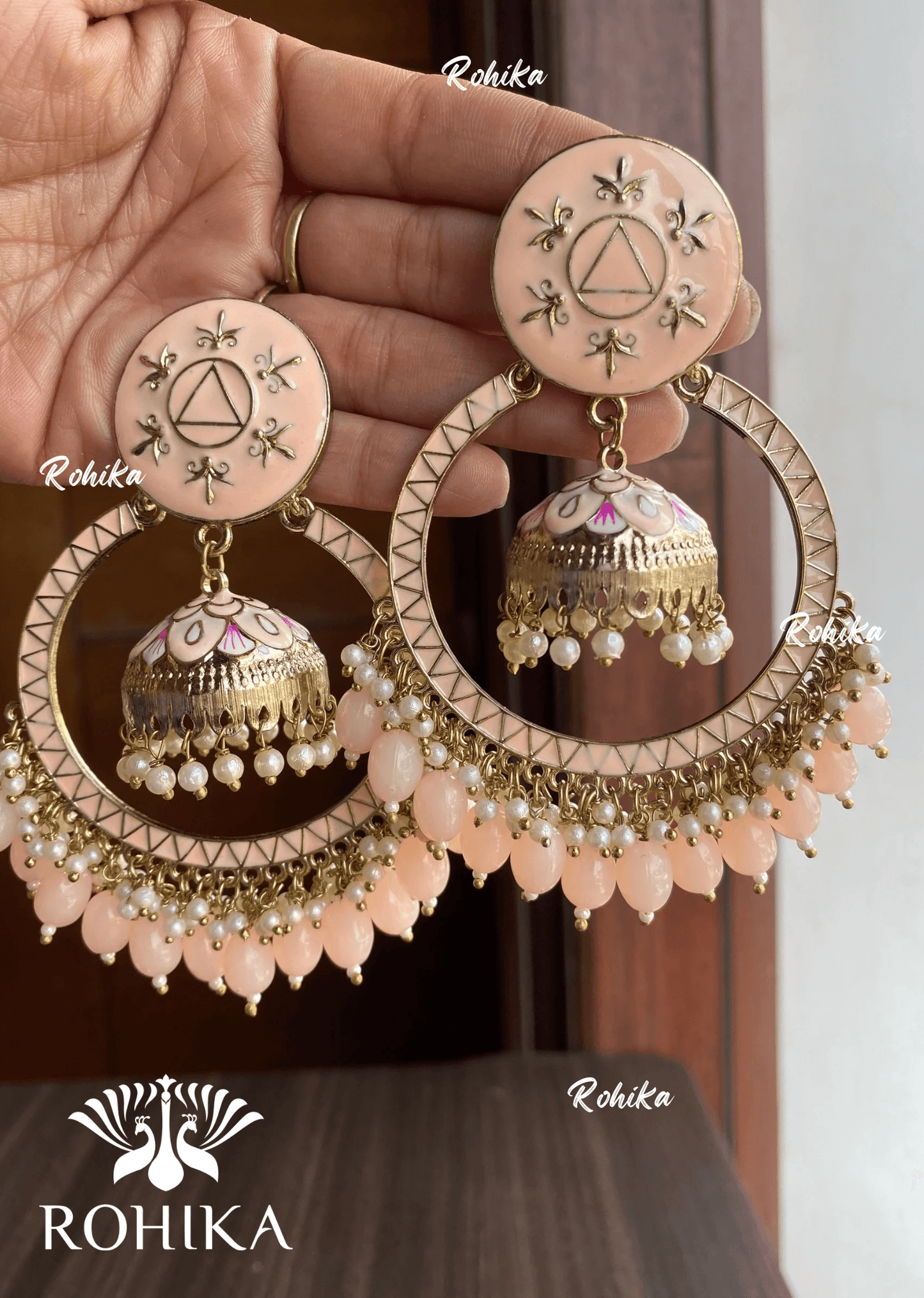 Sonal meenakari chandbali earrings - Peach - Rohika Store