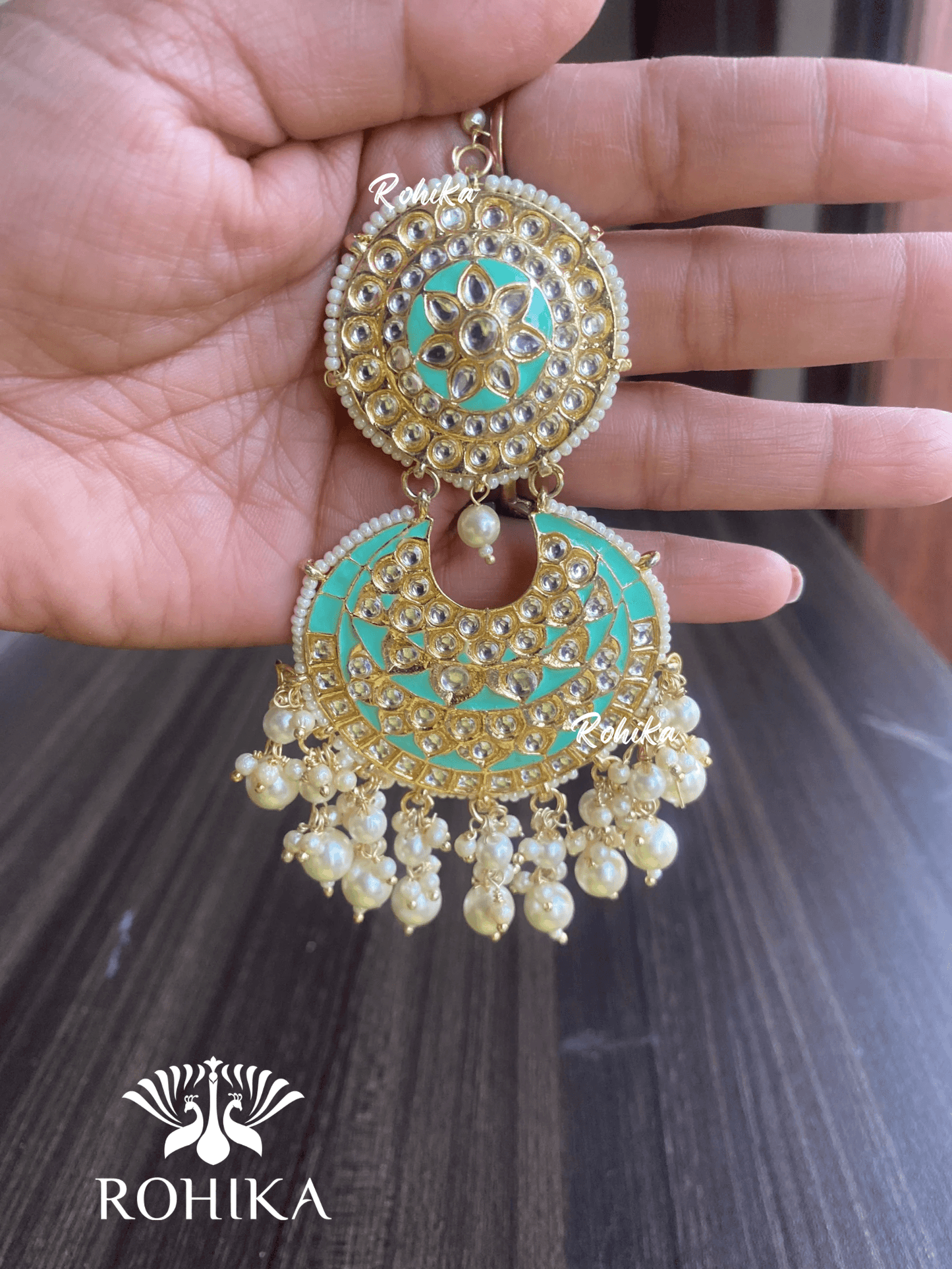 Tisha earrings and maangtikka combo - Mint green - Rohika Store