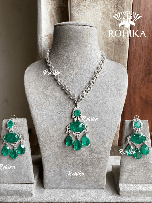 Guna doublets american diamond necklace set - Dark green - Rohika Store