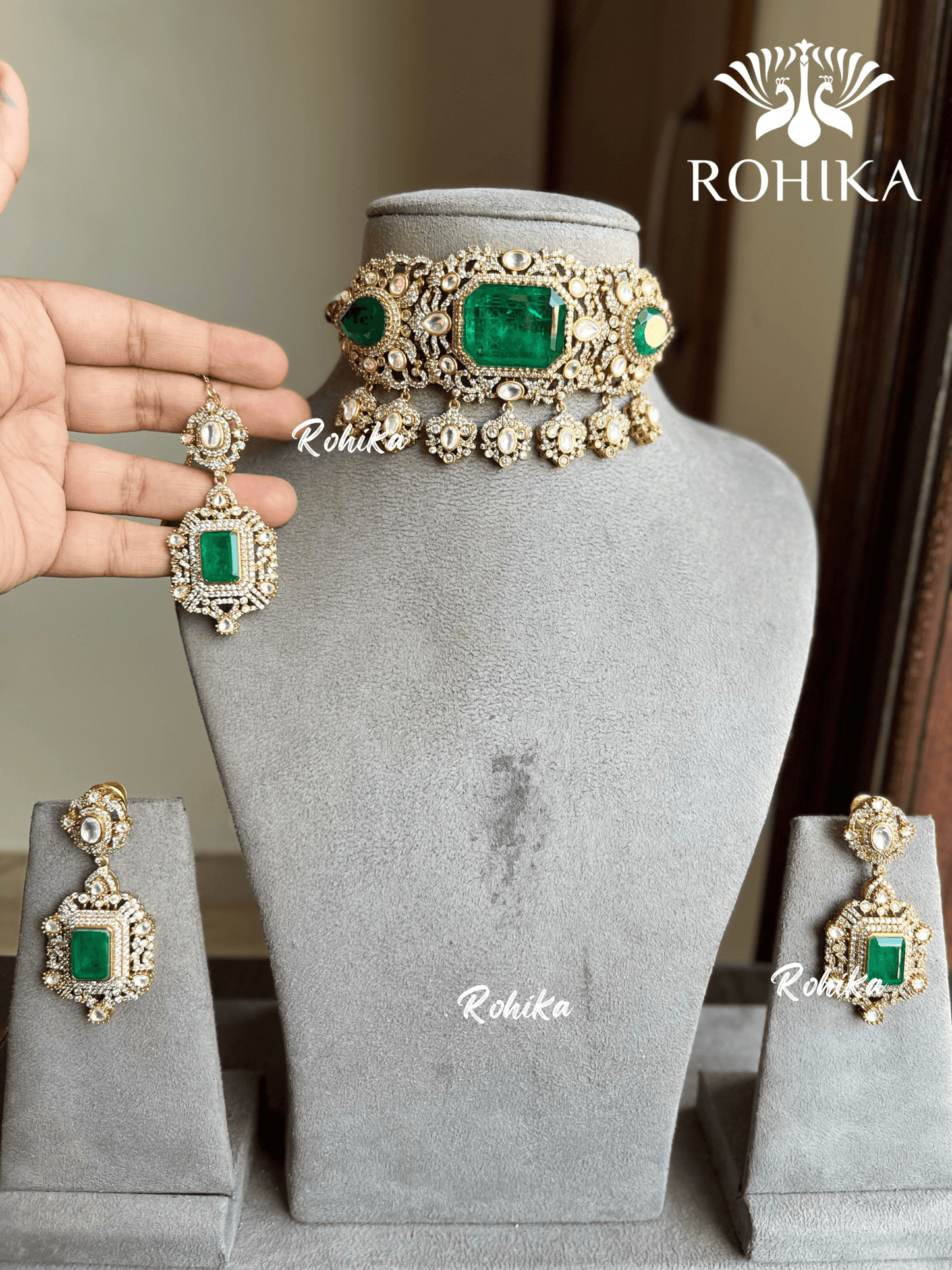 Diya victorian choker set - Green - Rohika Store