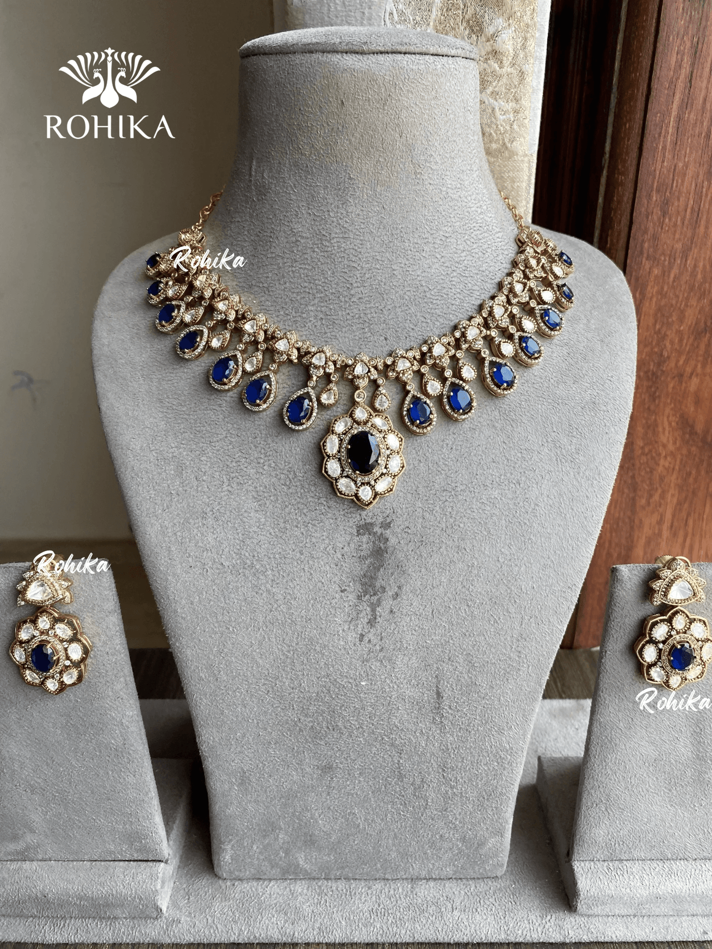 Mallika polki kundan necklace set - Navy blue - Rohika Store