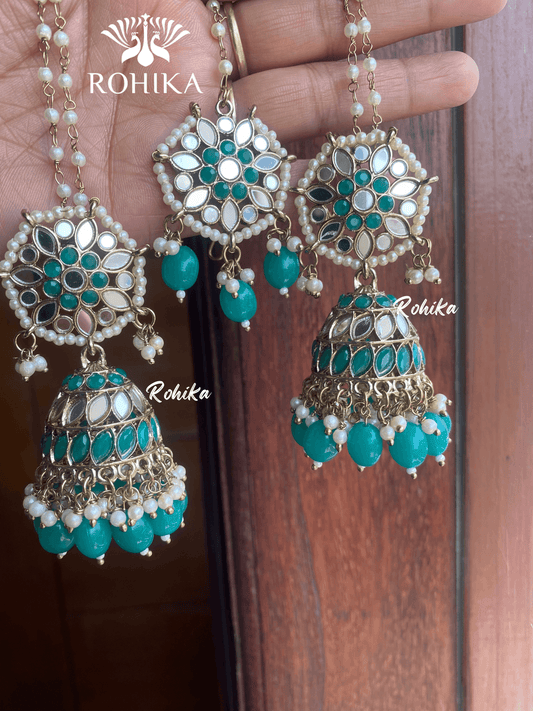 Chamki mirror jhumka earrings tikka combo - Dark Green - Rohika Store