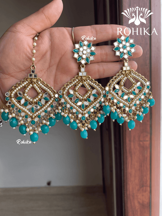 Priyam mirror earrings tikka combo - Dark Green - Rohika Store
