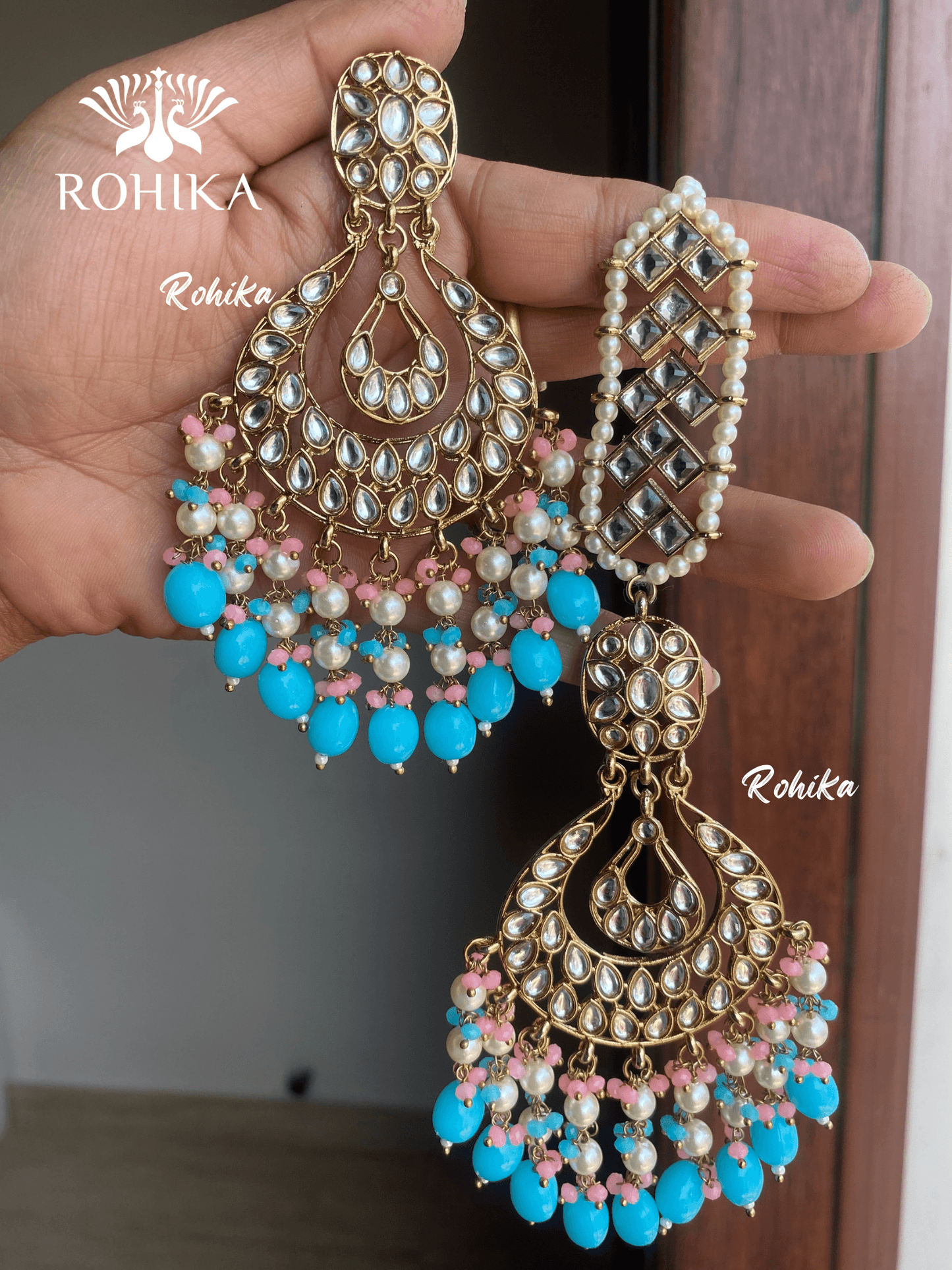 Madhur earrings and maangtikka - Blue - Rohika Store