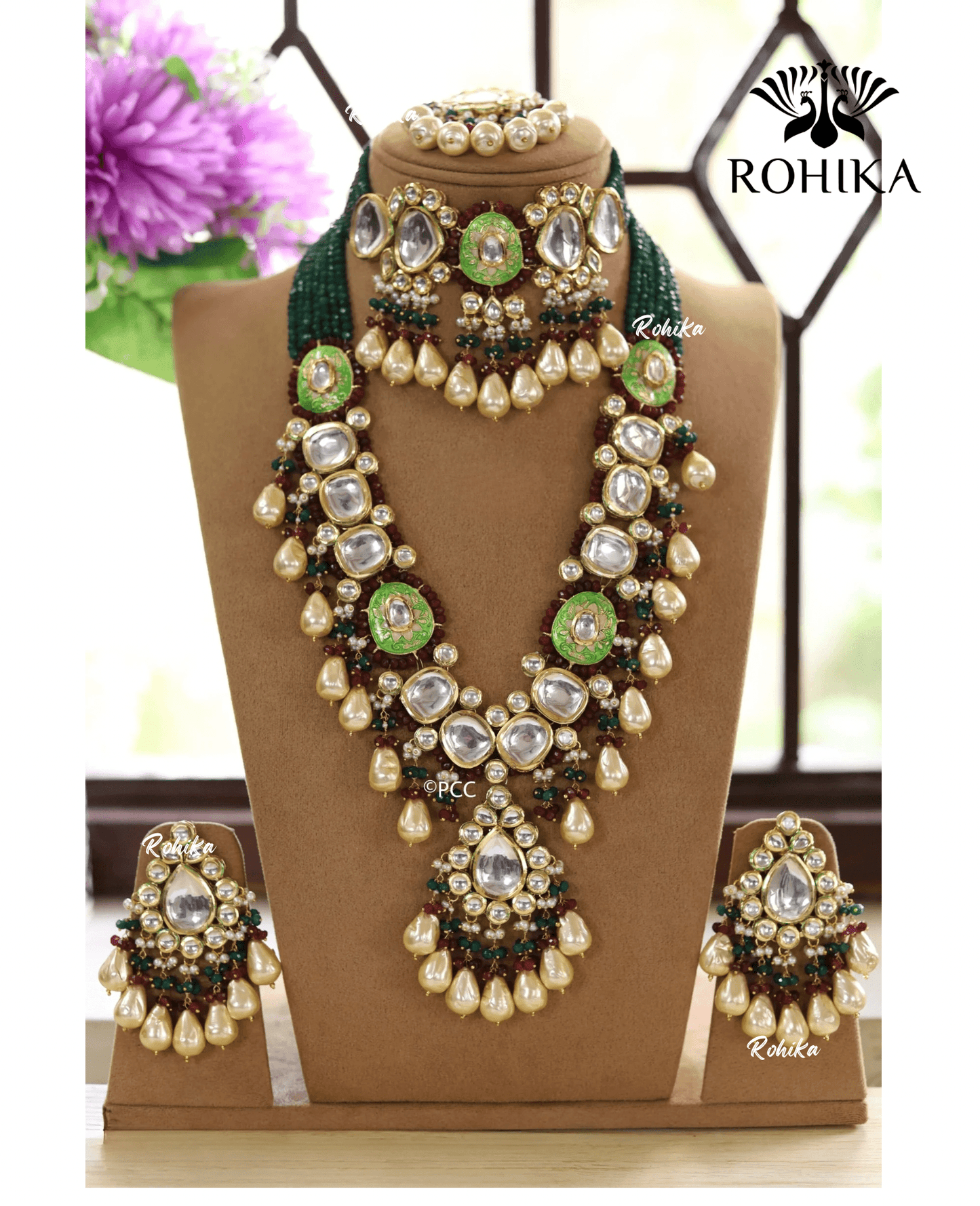 Kalee meenakari kundan bridal combo set - Green and Off White - Rohika Store