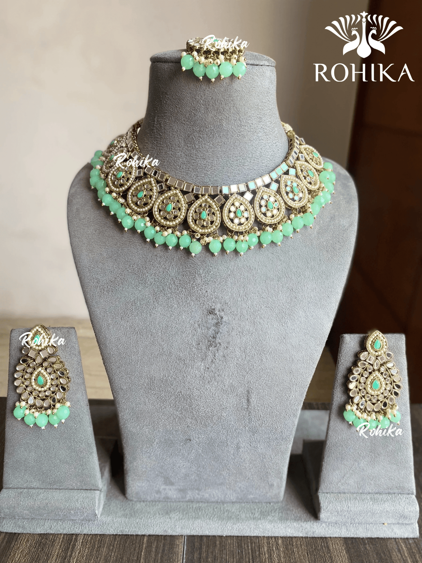 Manu mirror necklace set - Mint green - Rohika Store