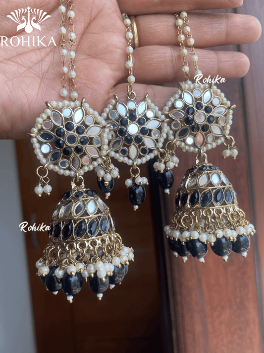Chamki mirror jhumka earrings tikka combo - Black - Rohika Store