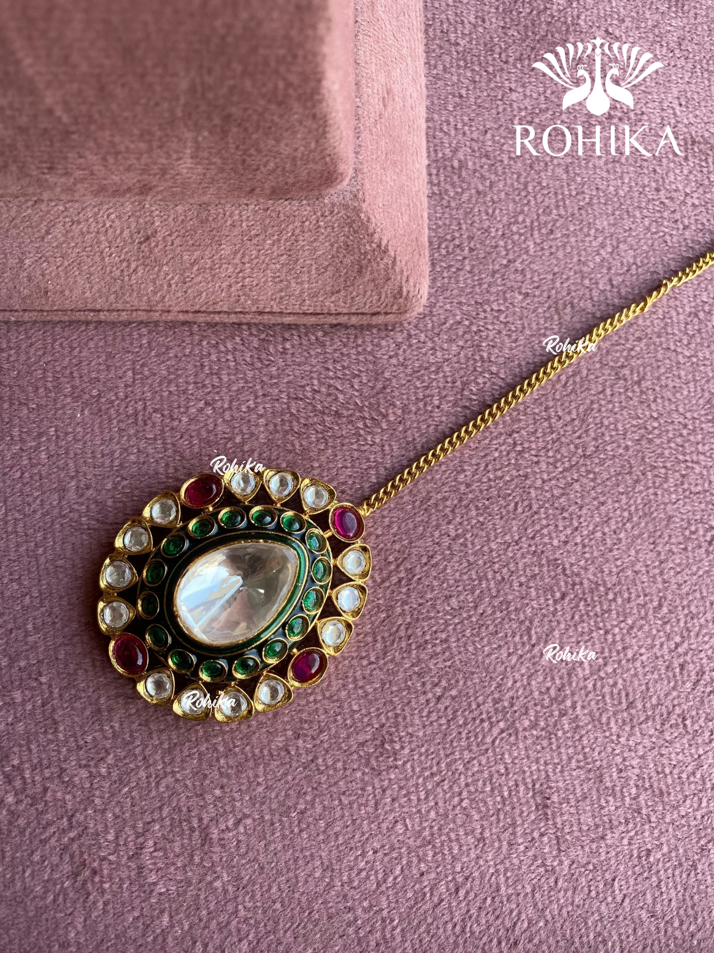 Polki kundan maangtikka (PLKM-076) - Green & Pink - Rohika store