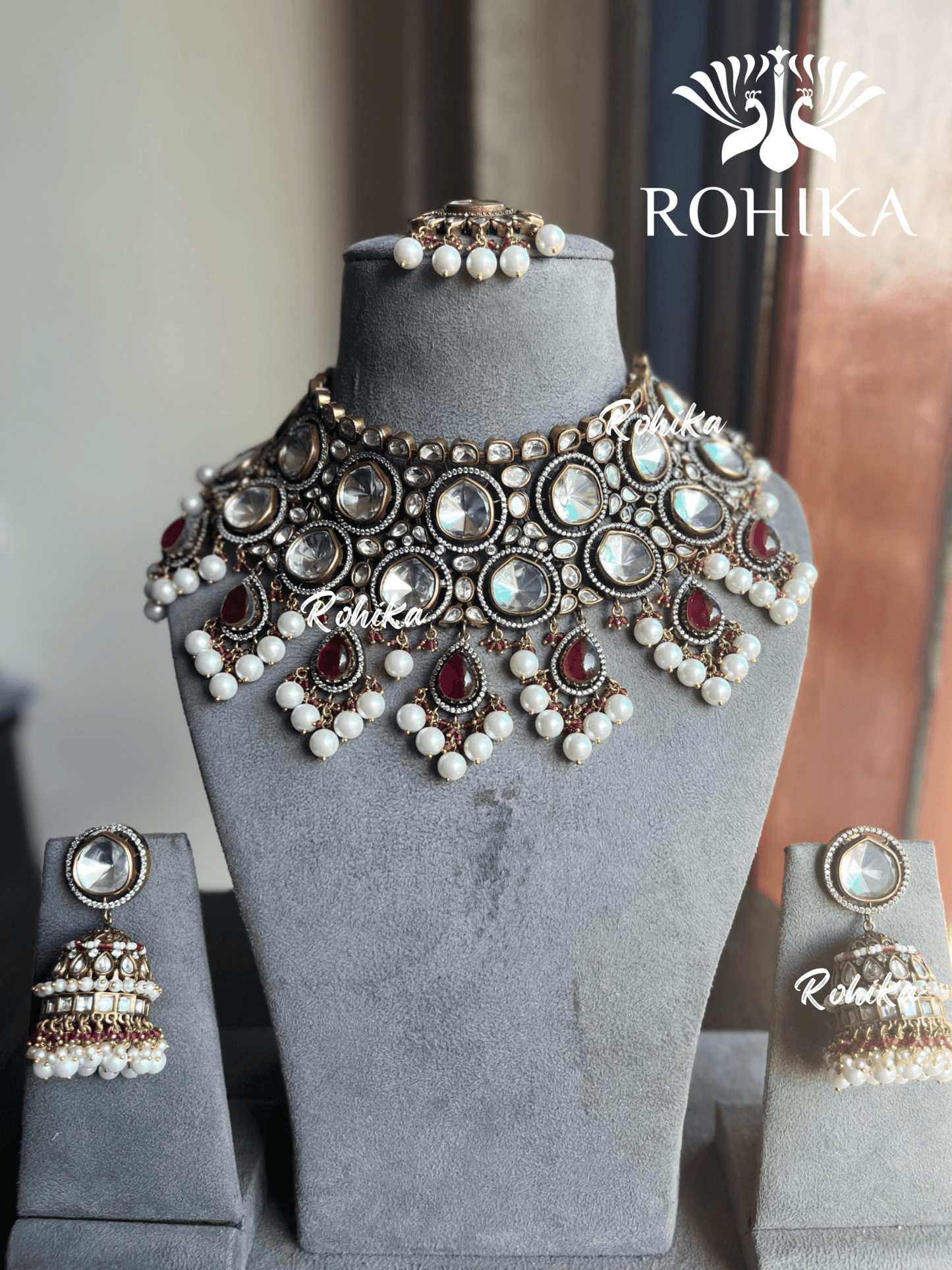 Katha polki kundan bridal set - Red - Rohika Store