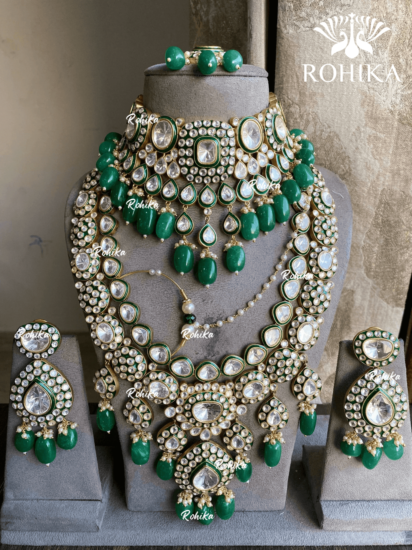 Agneya polki kundan bridal combo set - Dark Green - Rohika Store