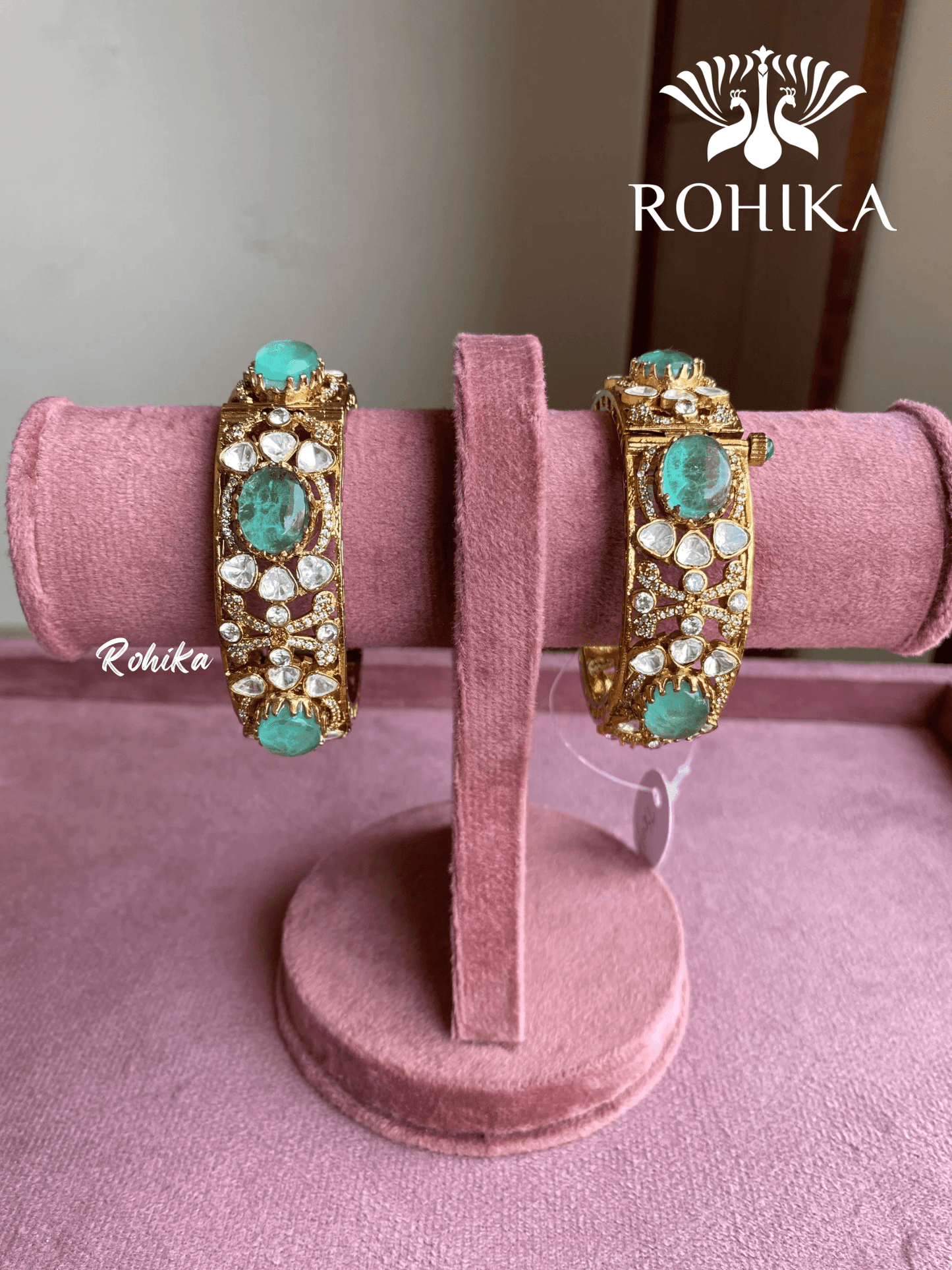 Purva doublet stone kundan kada/bangles - Mint green - Rohika Store