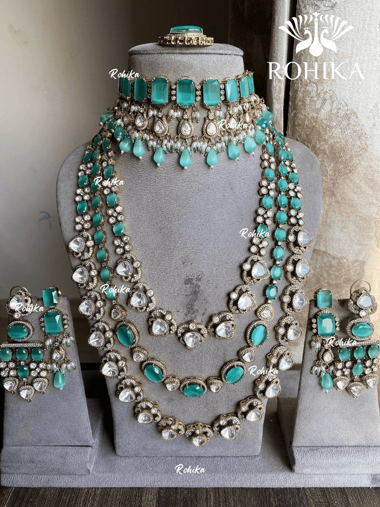 Bhoomika moisanite kundan combo set - Mint Green - Rohika Store