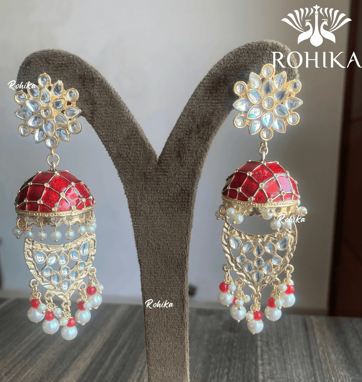 Mekha meenakari jhumka earrings - Red - Rohika Store
