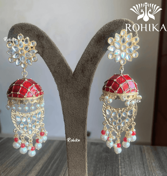 Mekha meenakari jhumka earrings - Red - Rohika Store