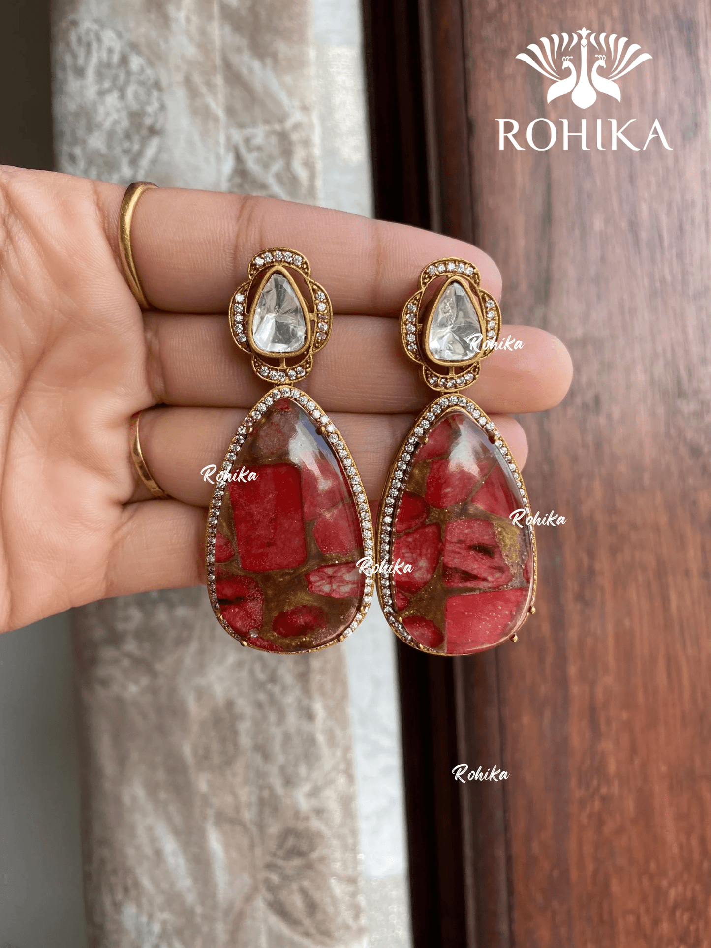 Polki kundan earrings (M-014) - Red - Rohika Store