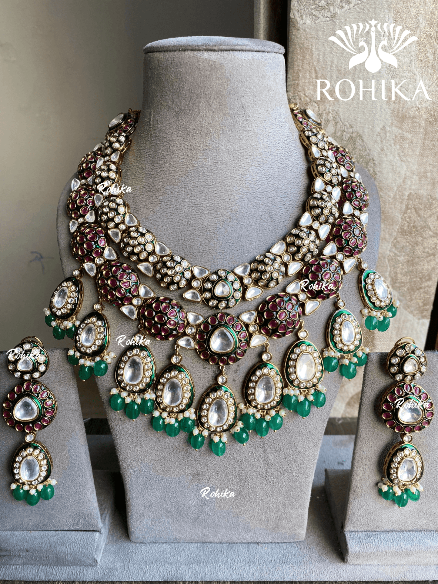 Stuti bikaneri jadau polki kundan long necklace set - Dark green & pink - Rohika Store
