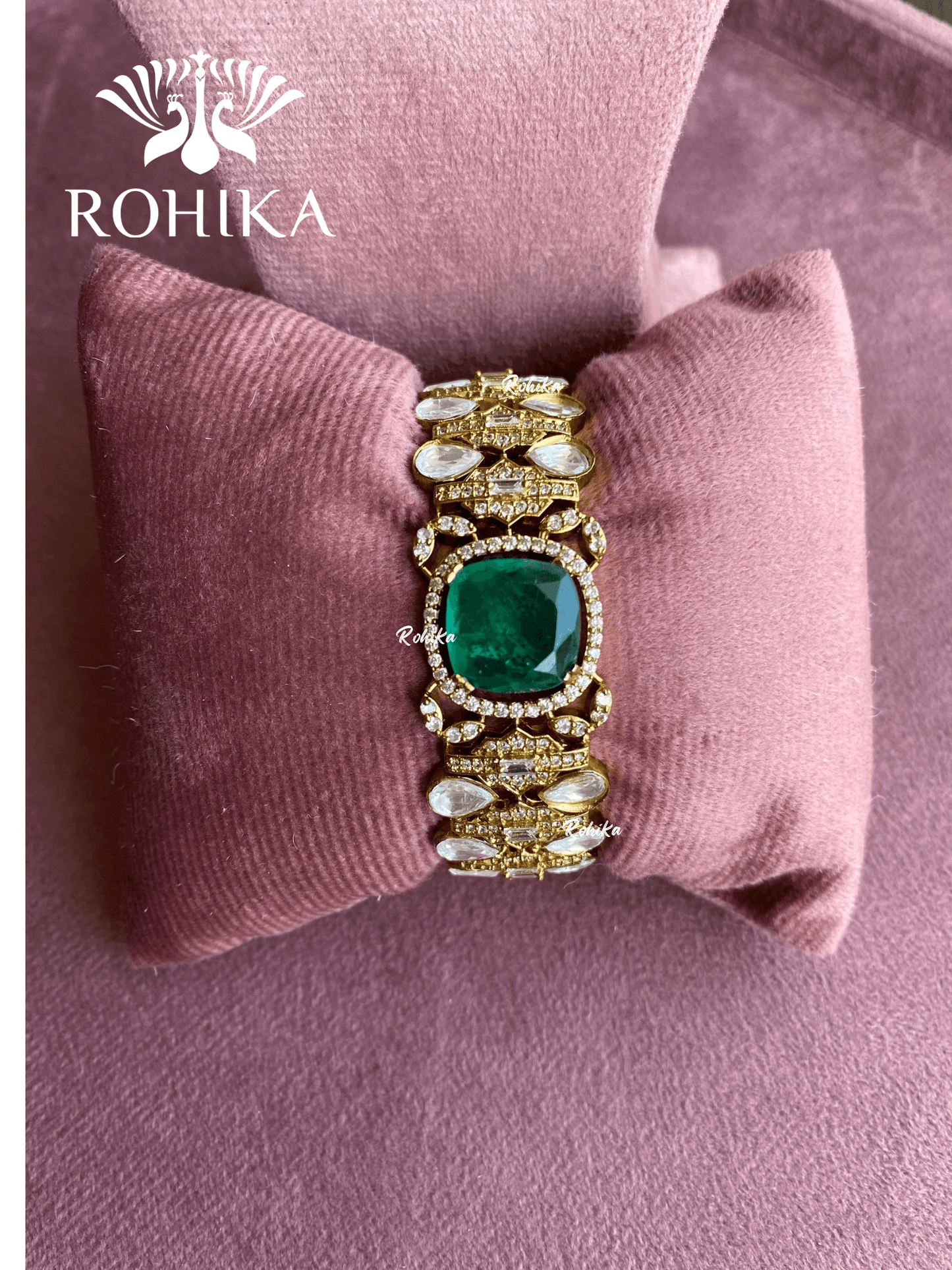 Doublet polki kundan bracelet (MBT-055) - Dark green - Rohika Store