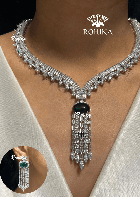 Lynette american diamond necklace set - Dark green - Rohika Store
